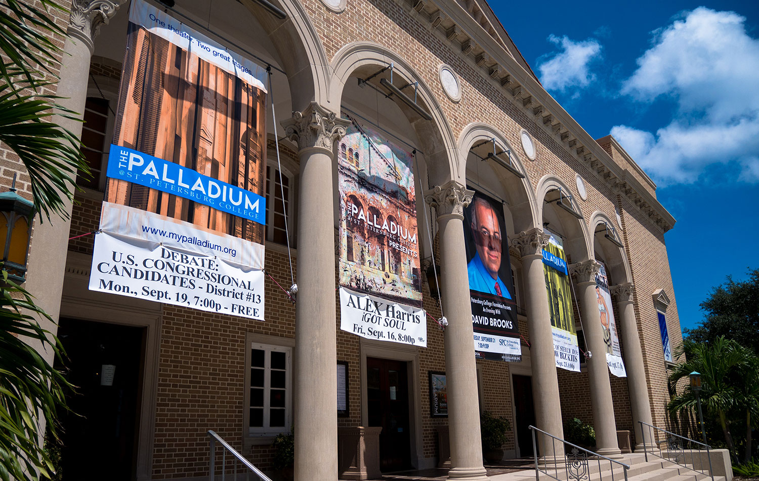 A view of the pillars and banners at the front of the Palladium