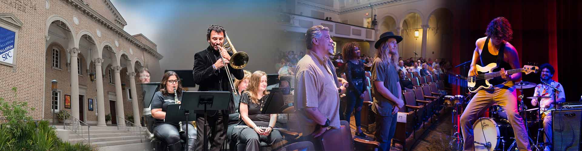 collage of photos, exterior shot of palladium theater, man playing a trombone, audience members standing and a gyu shreddig on guitar on stage