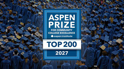 background image of graduates in blue caps with the blue and white logo of the Aspen Institiute in the middle