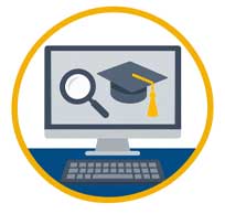 Icon image of a computer screen with a keyboard and graduation cap