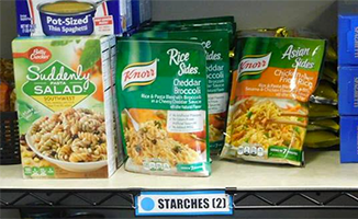 packaged food on a food pantry shelf