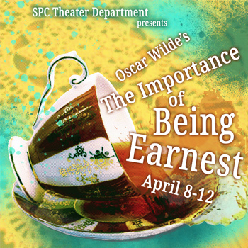 illustration of a coffee cup tipped over on a saucer with text saying Oscar Wilde's The Importance of Being Earnest