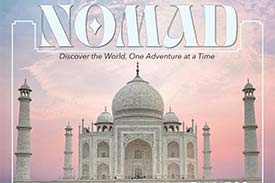 Nomad Magazine cover artwork of the Taj Mahal under a purplish-pink sky.