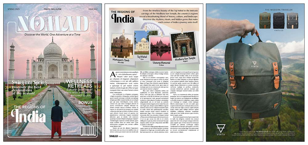 Nomad Magazine cover artwork of the Taj Mahal under a purplish-pink sky.