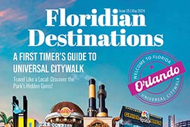 Student digital media project of a hypothetical cover for a magazine called Floridian Destinations. Cover features a collage of restaurants and sites in Orlando, Florida, with the subtitle, A First Timer’s Guide to Universal Citywalk.