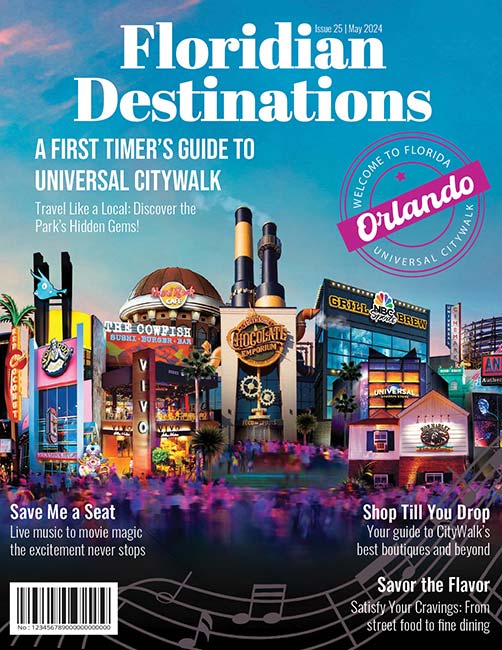 Student digital media project of a hypothetical cover for a magazine called Floridian Destinations. Cover features a collage of restaurants and sites in Orlando, Florida, with the subtitle, A First Timer’s Guide to Universal Citywalk.