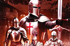 Student digital media project of a hypothetical movie poster. Movie is called Noble Knights and features four Crusade knights in different poses. Mel Gibson, Denzel Washington, and Pedro Pascal are listed as actors in the movie.