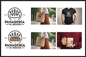 Student digital media project of a hypothetical logo design for Panaderia mi México bakery. The logo features a long loaf of bread with sprigs of wheat over it and the name of the bakery below it. It’s shown on a tote bag, a coffee mug, and a t-shirt.
