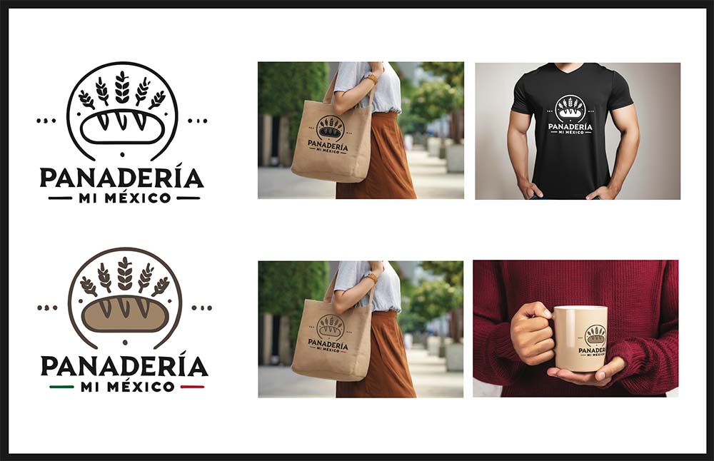Student digital media project of a hypothetical logo design for Panaderia mi México bakery. The logo features a long loaf of bread with sprigs of wheat over it and the name of the bakery below it. It’s shown on a tote bag, a coffee mug, and a t-shirt.