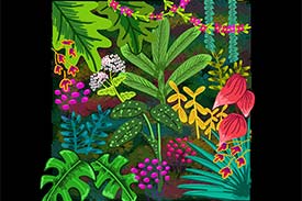 Student digital media project. Colorful illustration of jungle plants and flowers.