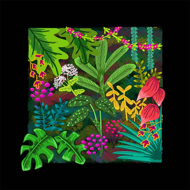 Student digital media project. Colorful illustration of jungle plants and flowers.