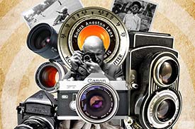 Student digital media project. Collage of vintage cameras and people taking pictures with them.