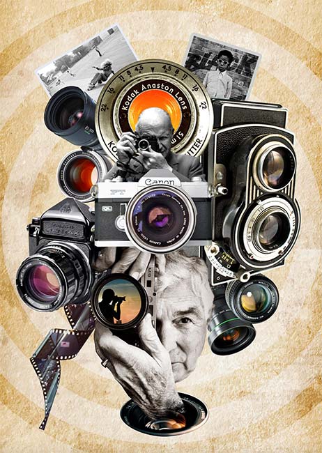Student digital media project. Collage of vintage cameras and people taking pictures with them.