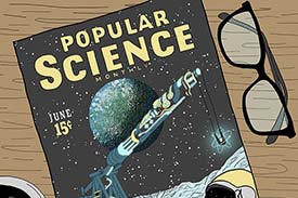 Student digital media project. Downward view of an illustrated cover for the hypothetical magazine Popular Science Monthly. Cover features an astronaut on the moon alongside a quantum weapon. Earth floats in the background.