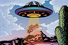 Student digital media project. Illustration of an alien UFO abducting a pick-up truck from the desert while two people watch.