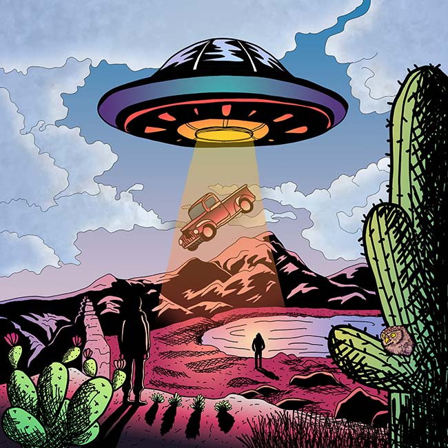 Student digital media project. Illustration of an alien UFO abducting a pick-up truck from the desert while two people watch.