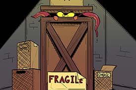 Student digital media project. Illustration of a pile of wooden crates. The tallest crate is marked fragile and a pink octopus can be seen peeking out the top of it.