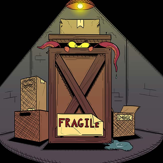 Student digital media project. Illustration of a pile of wooden crates. The tallest crate is marked fragile and a pink octopus can be seen peeking out the top of it.