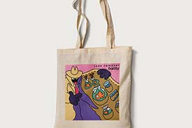 Student digital media project. Tote bag featuring illustrated artwork of a musical album cover. Cover shows a shady man opening his trench coat and showing bags and viles of goldfish. Text on the cover reads, Jane Remover, Frailty.