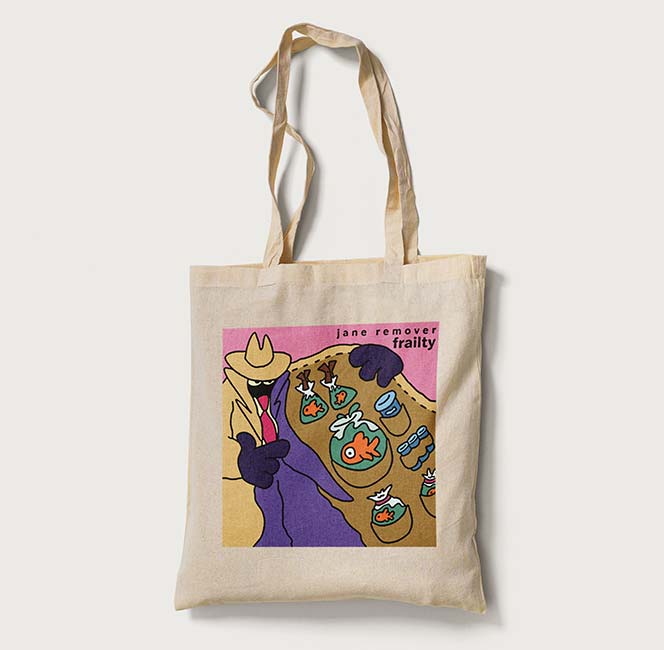 Student digital media project. Tote bag featuring illustrated artwork of a musical album cover. Cover shows a shady man opening his trench coat and showing bags and viles of goldfish. Text on the cover reads, Jane Remover, Frailty.