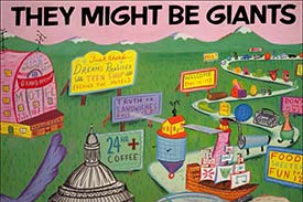 Video thumbnail for a student digital media project. Illustration showing a parade of miscellaneous items making their way down a winding road. Text at the top reads, They Might Be Giants. Video thumbnail for a student digital media project. Illustration showing a parade of miscellaneous items making their way down a winding road. Text at the top reads, They Might Be Giants.