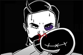 Video thumbnail for a student digital media project. Illustration of a boxer wiping blood from his nose with his gloved hand. Video thumbnail for a student digital media project. Illustration of a boxer wiping blood from his nose with his gloved hand.
