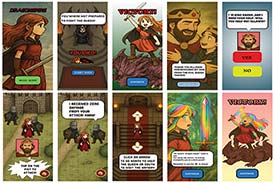 Student digital media project. Image shows 10 different frames of a video game called Dragonspire. The game features a young girl wielding a sword and fighting off knights and dragons to help King Ragna.