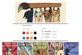 Student digital media project. Image shows the branding and different screens for a video game that involves drawing with cats and dogs.