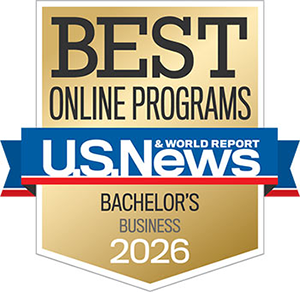 gold badge with the words Best Online prorgams US News and World Report Bachelor's business