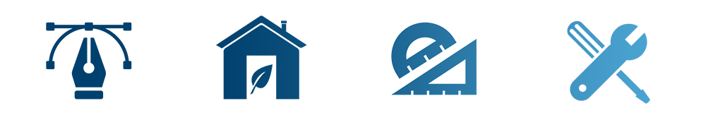 blue icons of a shed, drill, tools and scale