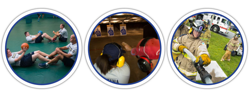 collage of men doing situps in a gym, instructor and student at a firing range and a firefighter holding a water hose
