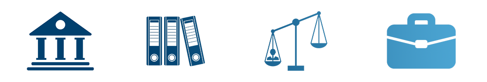blue icons of a courthouse, books in a law library, scales of justice and a briefcase