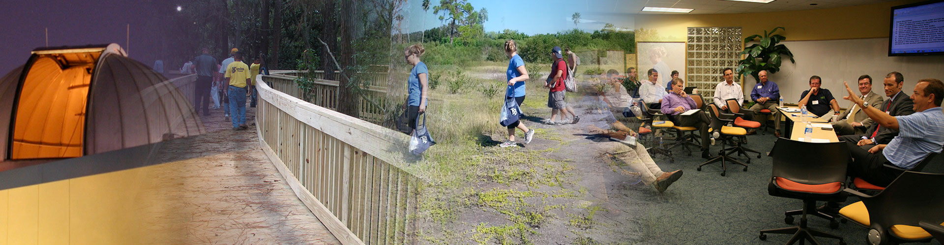 A collage of the SPC observatory, students walking the trail at the Seminole Campus, Students performing community service and a conference at Collaborative Labs. 