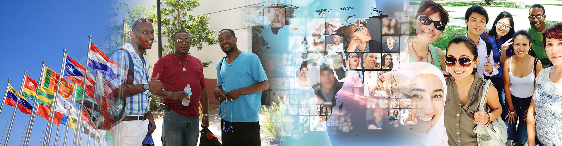 collage of flags at the United Nations, a group of male students, and a graphic of zoom calls