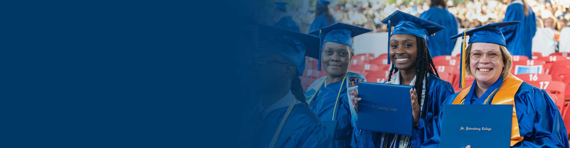 blue gradient on left that fades into graduates in caps and gowns taking selfies