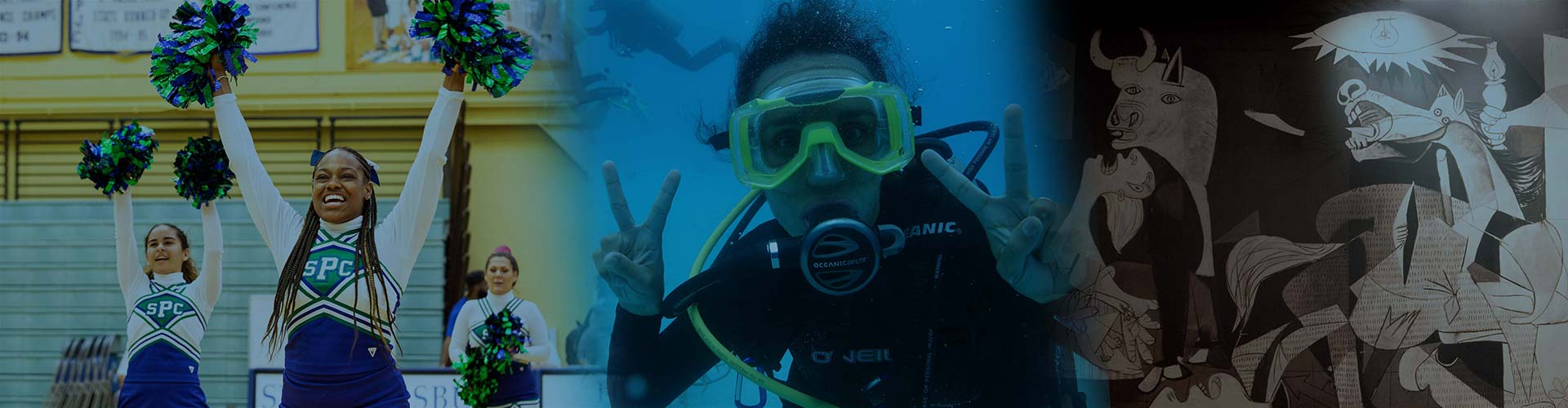 A collage of images including students cheering, scuba diving and an art display