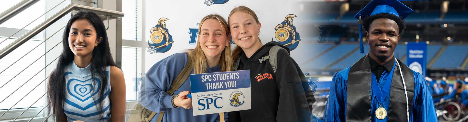 A collage of a female student posing in front of a stairway; two female students at a scholarship event, holding up a sign that says thank you; a male studetn at the graduation ceremony, wearing his cap and gown.
