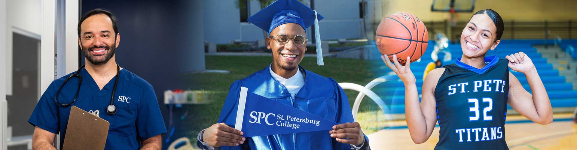 A collage of a nursing student holding a clipboard; an SPC graduate, wearing his cap and gown, holding an SPC pennant; and a female SPC Titans basketball player posing with a basketball.