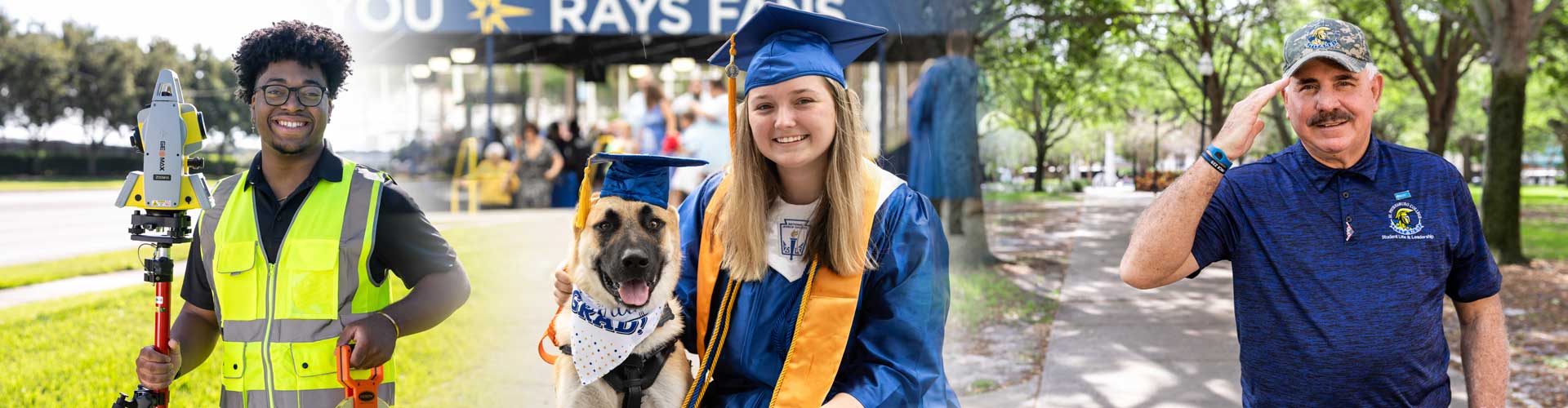 A collage of a male surveying student; a female graduate posing with her dog; and an older veteran student saluting.