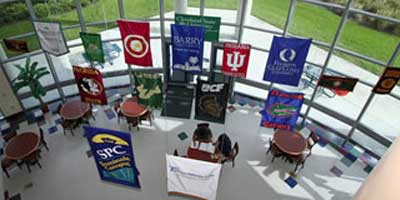 Clearwater campus lobby with hanging banners