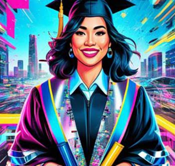 An artist's colorful rendering of a female graduate wearing a cap and gown, holding diplomas with a city scape behind her.