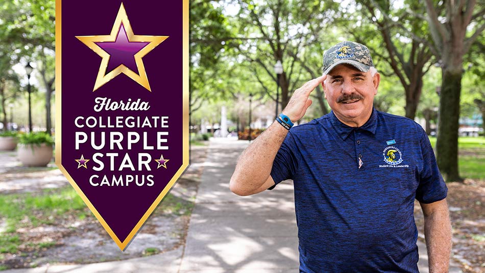 purple logo with the words Florida Collegiate Purple Star Campus next to a male in an SPC camo hat soluting