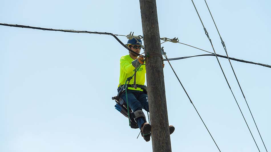 A lineworker, wearing a hard hat and safety green shirt, working on power lines high up a telephone pole, with blue sky in the background.