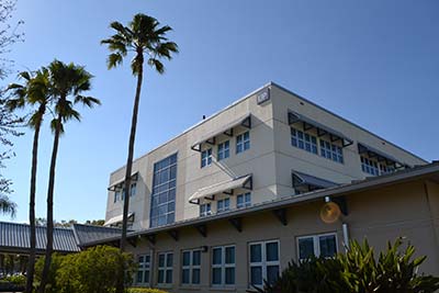 The SPC Seminole Campus UP building pictured behind tall palm trees, beneath a blue sky.