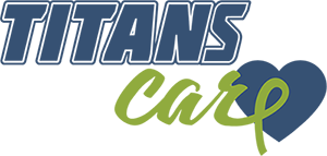 blue and green graphic with words Titans care
