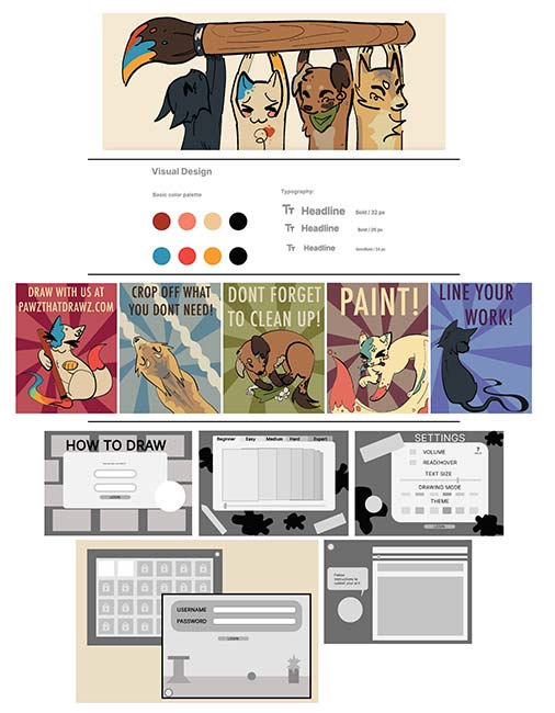 Student digital media project. Image shows the branding and different screens for a video game that involves drawing with cats and dogs.