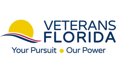 blue and yellow logo for Veterans Florida