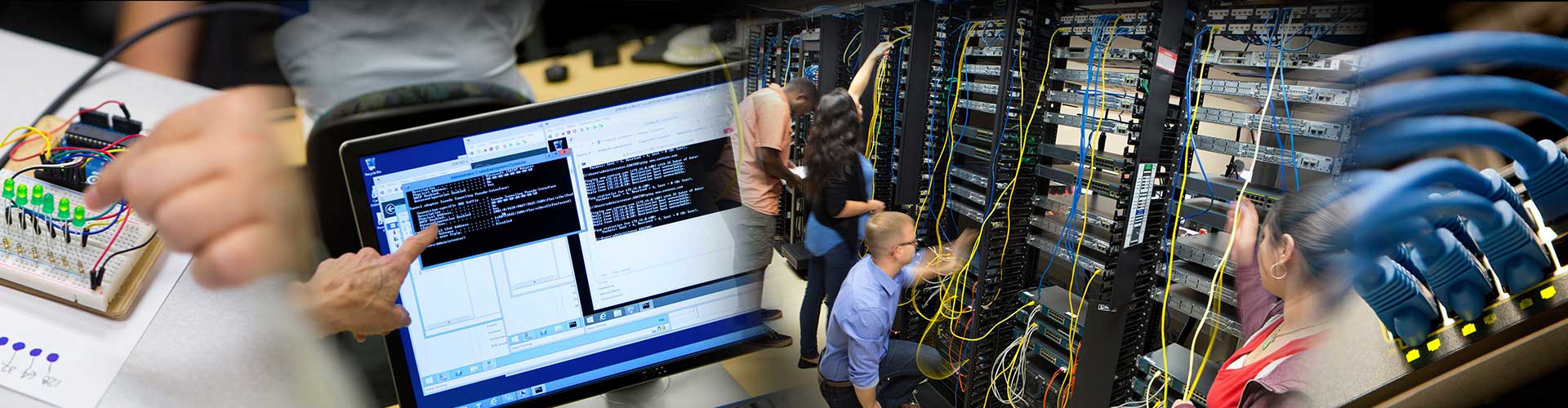A collage image including circuit boards, command-line windows, people working on server racks and a bundle of network cable.