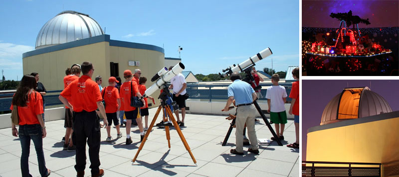 students enjoying the rooftop observatory and photo from outside the SPC Planetarium