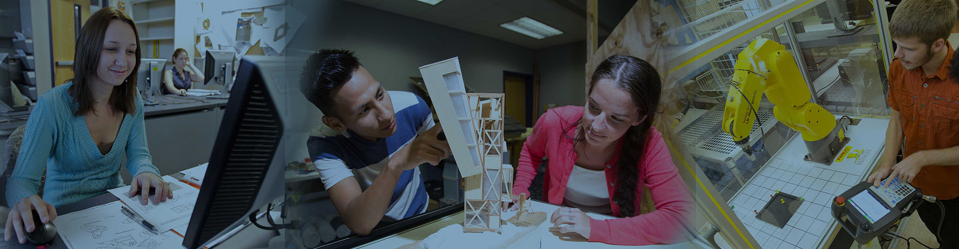 two female students working with CAD software, male and female students working on a 3D scale model of a house, male student operating a 3D printer 